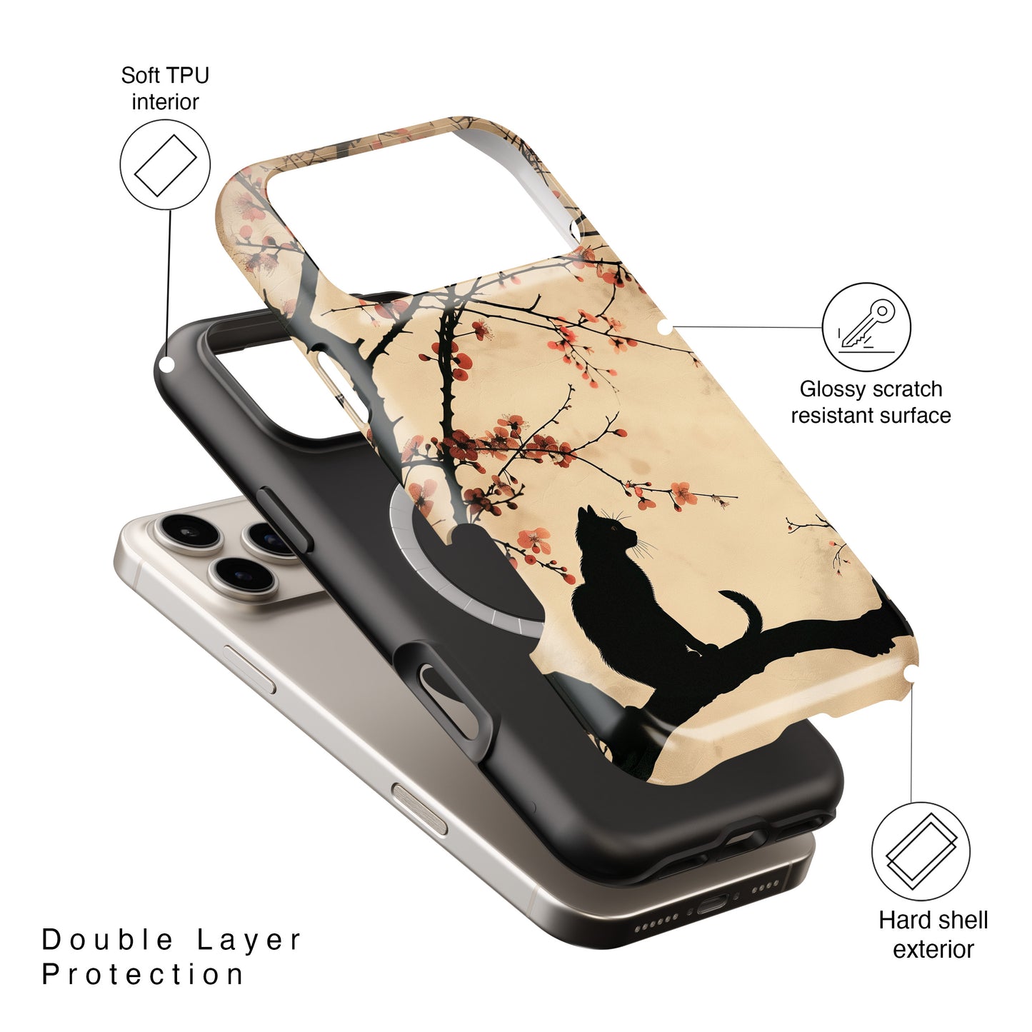 Cat Silhouette under Cherry Blossom Design iPhone Case