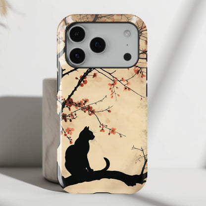 Cat Silhouette under Cherry Blossom Design iPhone Case