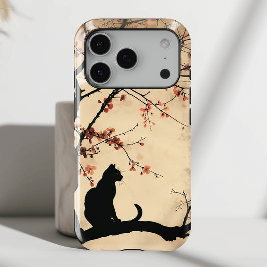 Cat Silhouette under Cherry Blossom Design iPhone Case
