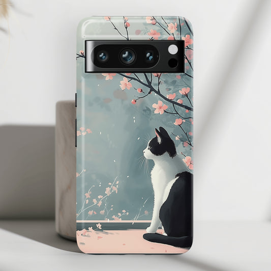 Cat Enjoying Sakura in Serenity Drawing Design Google Pixel Phone Case
