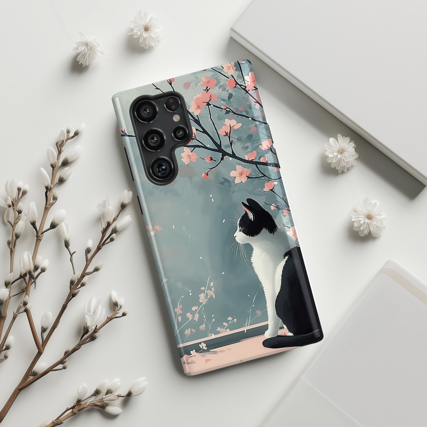 Cat Enjoying Sakura in Serenity Drawing Design Samsung Phone Case