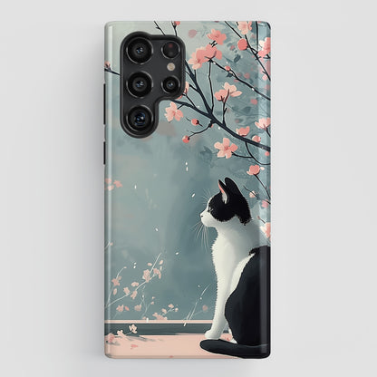 Cat Enjoying Sakura in Serenity Drawing Design Samsung Phone Case