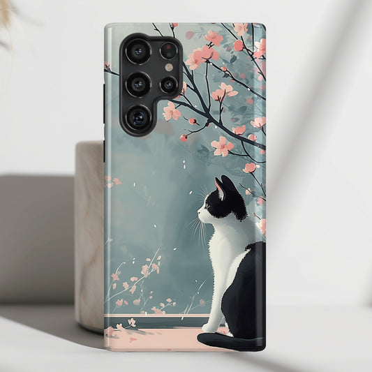 Cat Enjoying Sakura in Serenity Drawing Design Samsung Phone Case