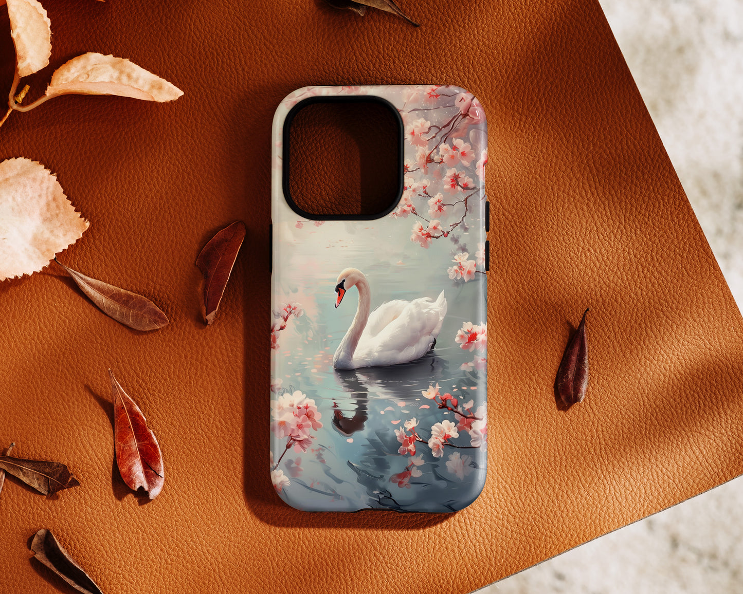 Cherry Blossoms around Elegant Swan Design iPhone Case