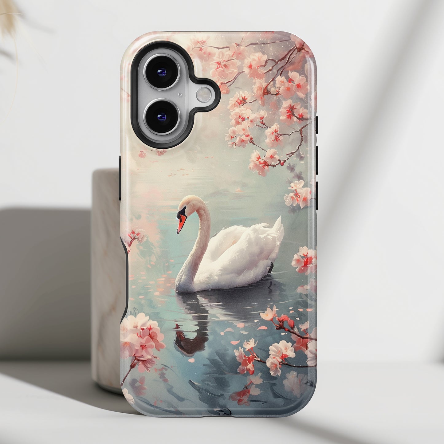 Cherry Blossoms around Elegant Swan Design iPhone Case