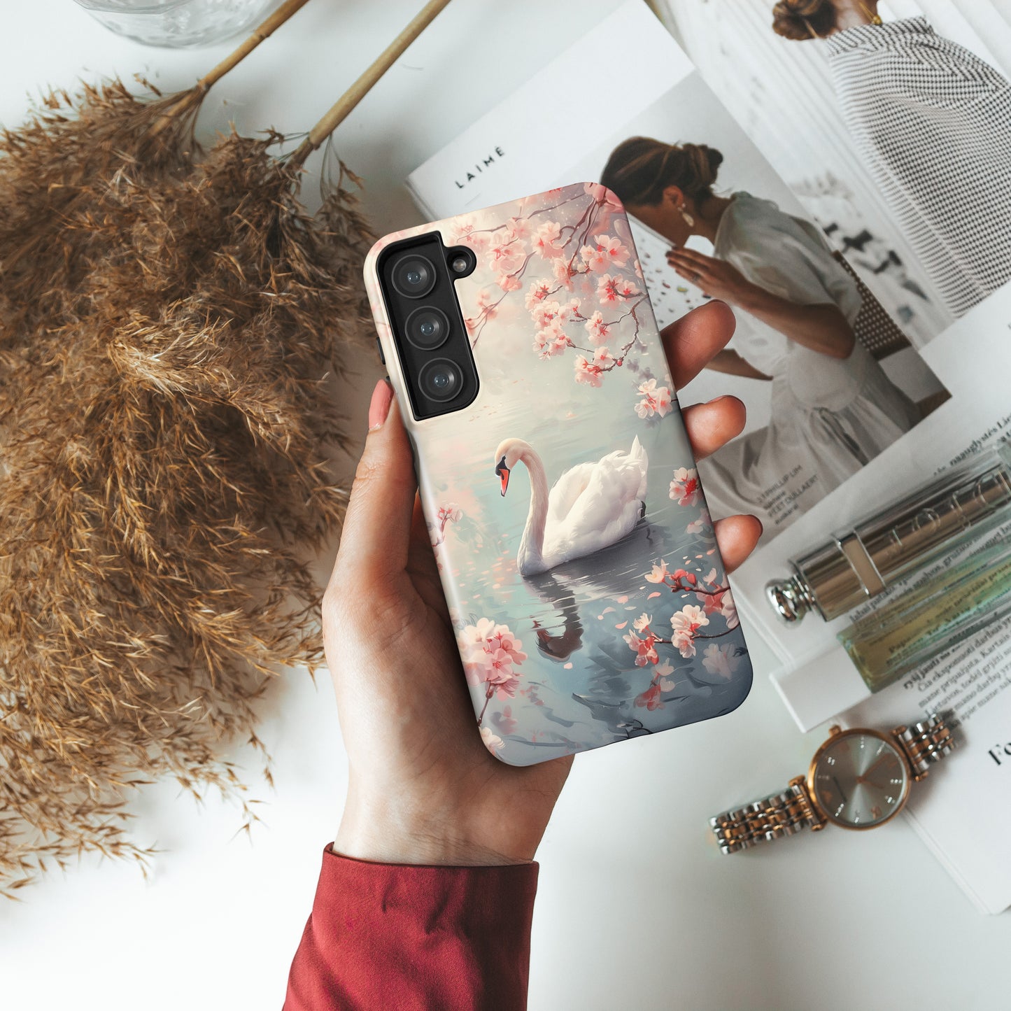 Cherry Blossoms around Elegant Swan Design Case for Galaxy S series Phones
