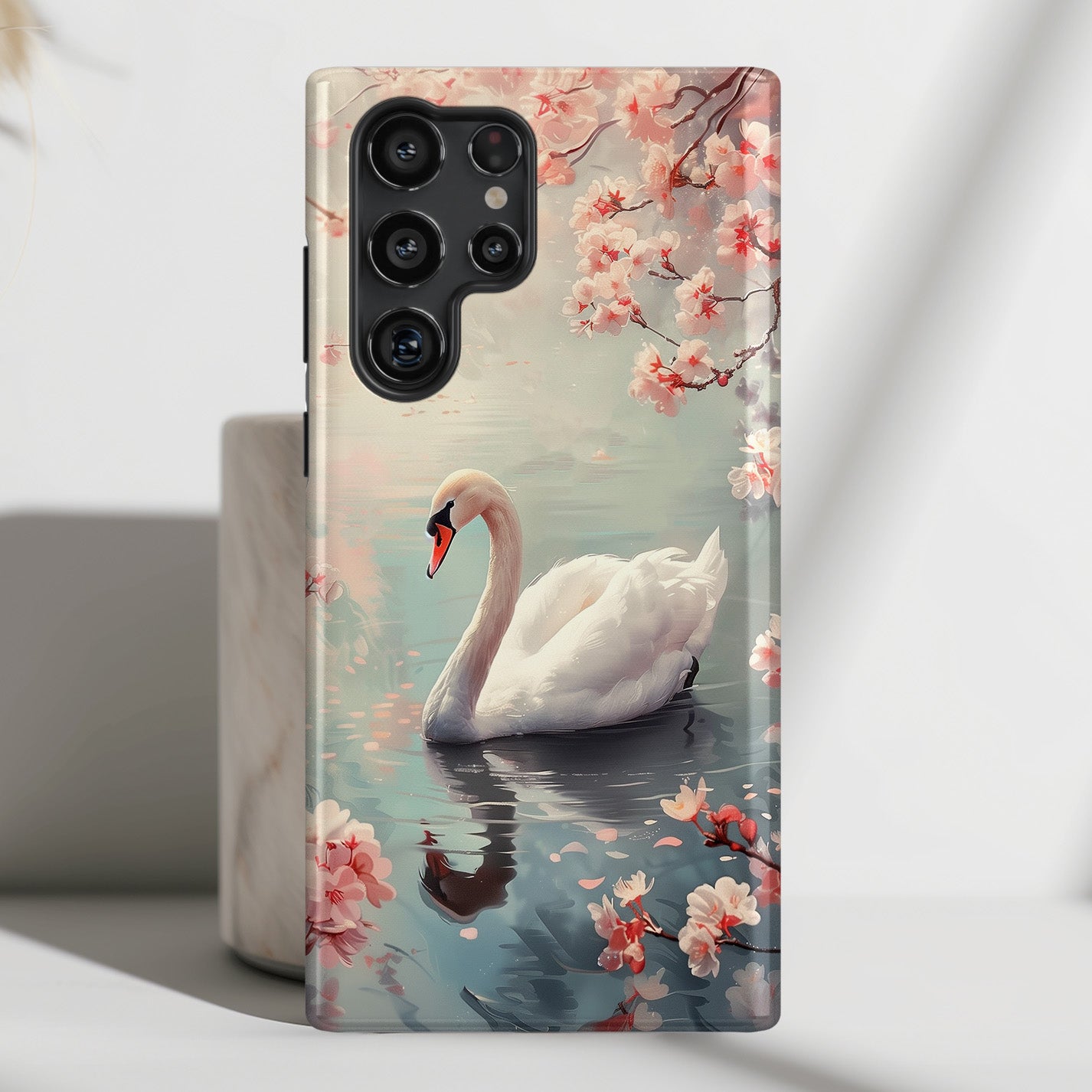 Cherry Blossoms around Elegant Swan Design Case for Galaxy S series Phones