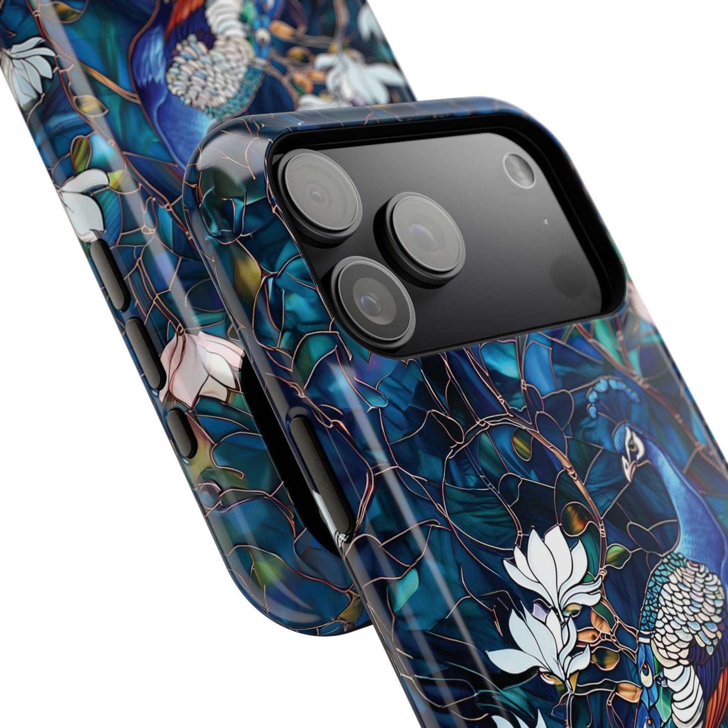 Peacock in Magnolia Tree Stained Glass Design iPhone Case