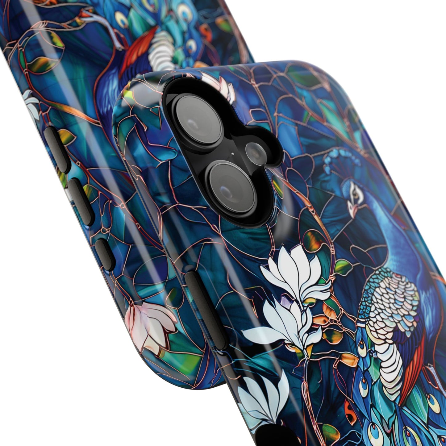 Peacock in Magnolia Tree Stained Glass Design iPhone Case