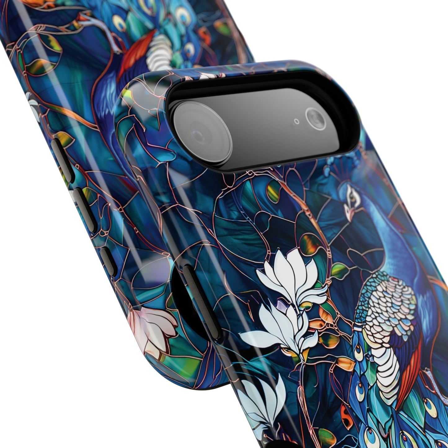 Peacock in Magnolia Tree Stained Glass Design iPhone Case