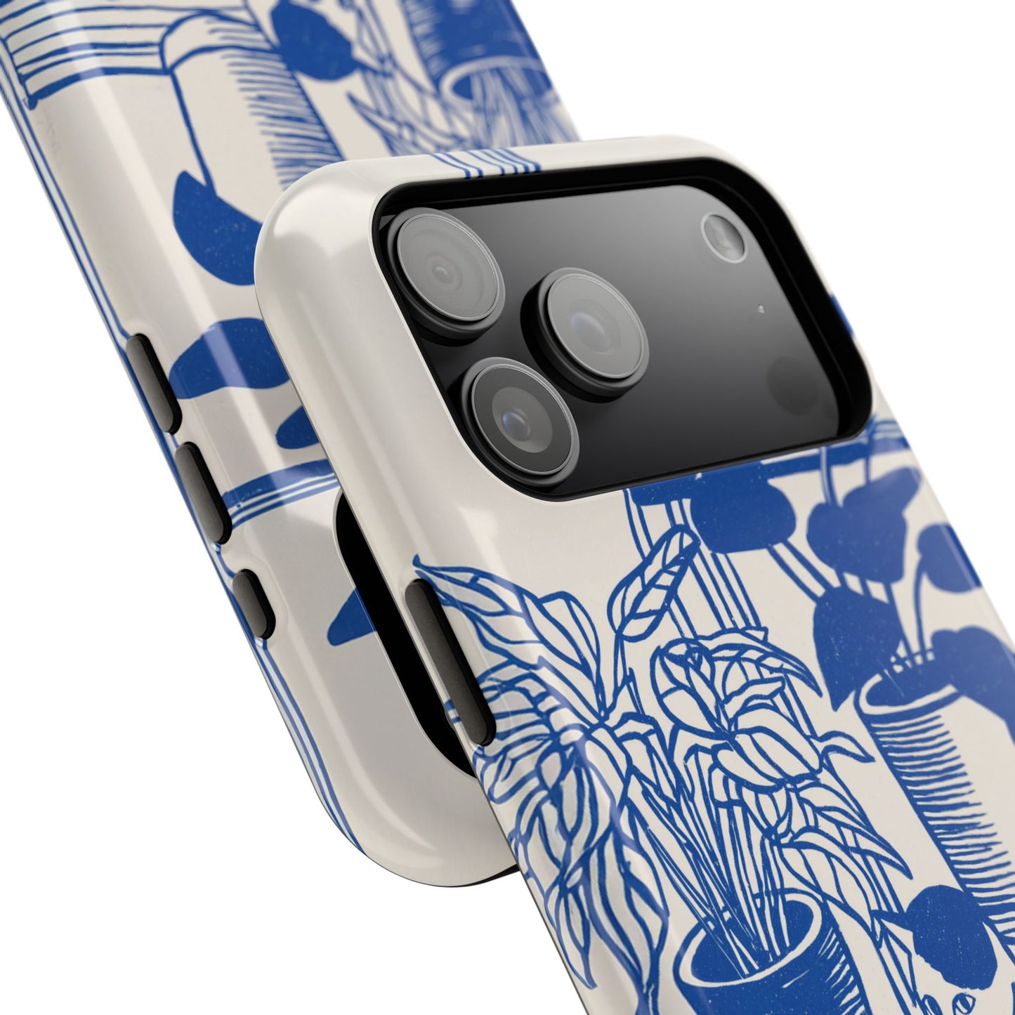 The Sunroom Cat – Blue & White Linocut Design iPhone Case