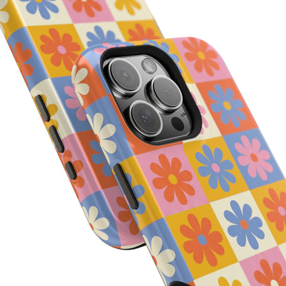 The Groovy Garden – Retro Floral Checkerboard Design iPhone Case