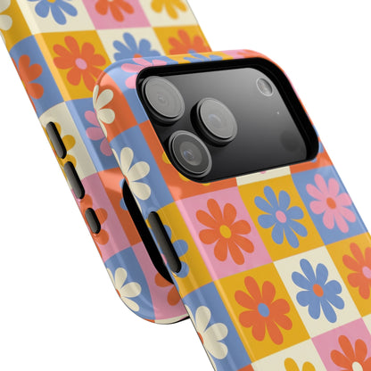 The Groovy Garden – Retro Floral Checkerboard Design iPhone Case