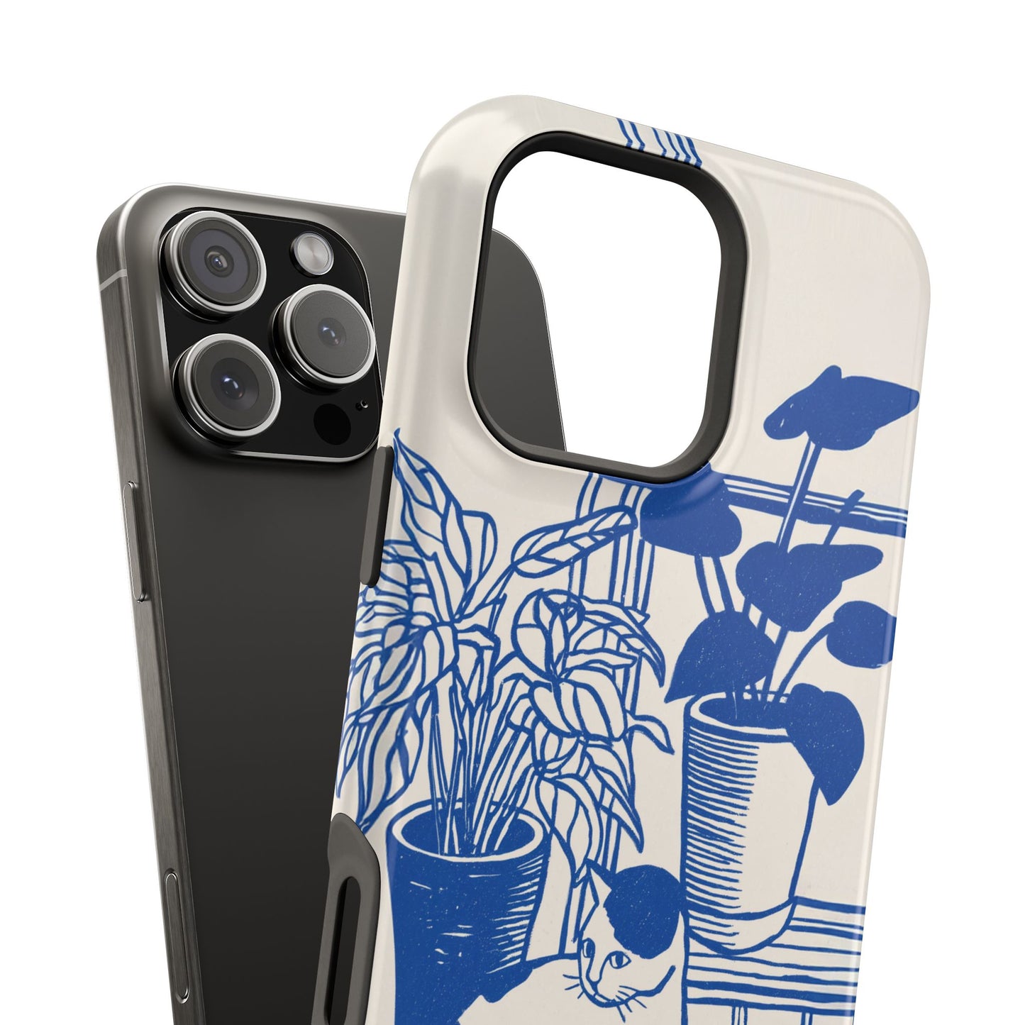 The Sunroom Cat – Blue & White Linocut Design iPhone Case