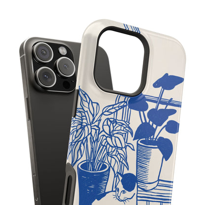 The Sunroom Cat – Blue & White Linocut Design iPhone Case