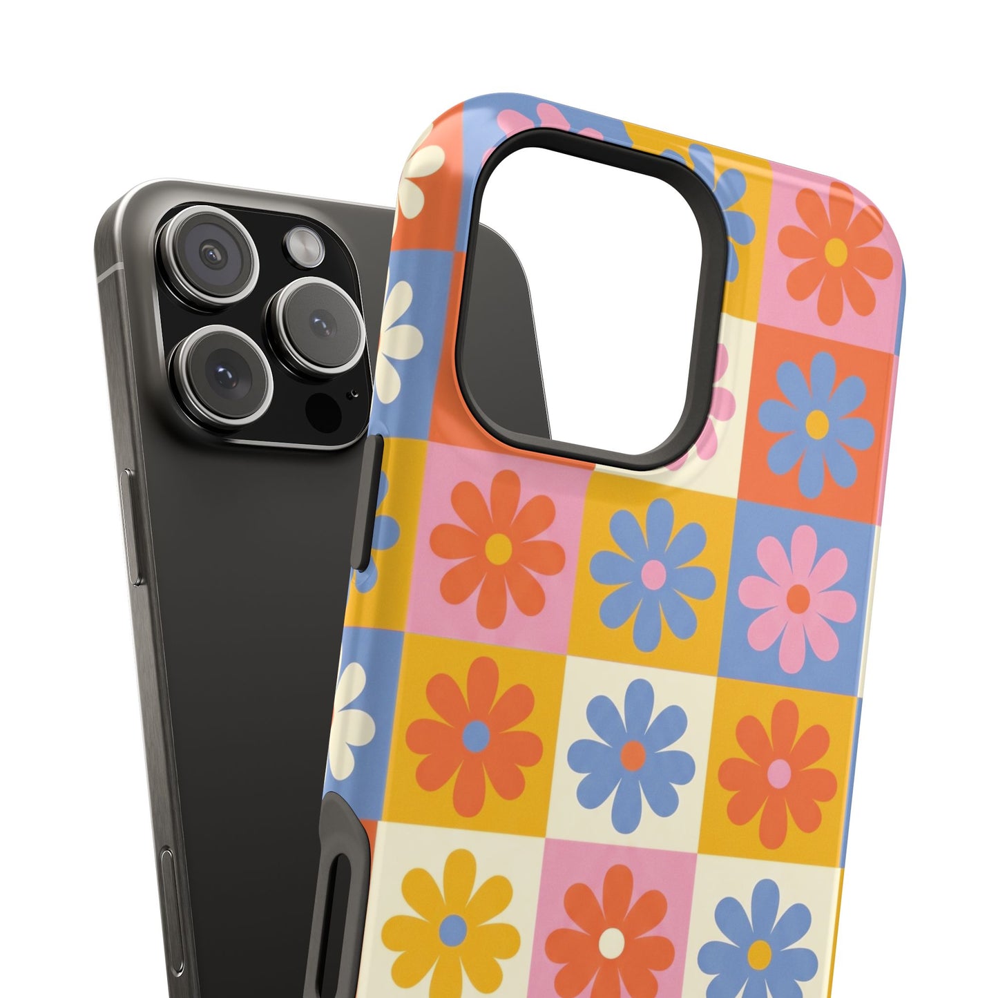 The Groovy Garden – Retro Floral Checkerboard Design iPhone Case