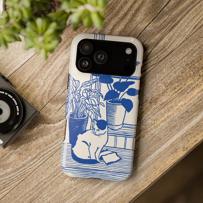 The Sunroom Cat – Blue & White Linocut Design iPhone Case