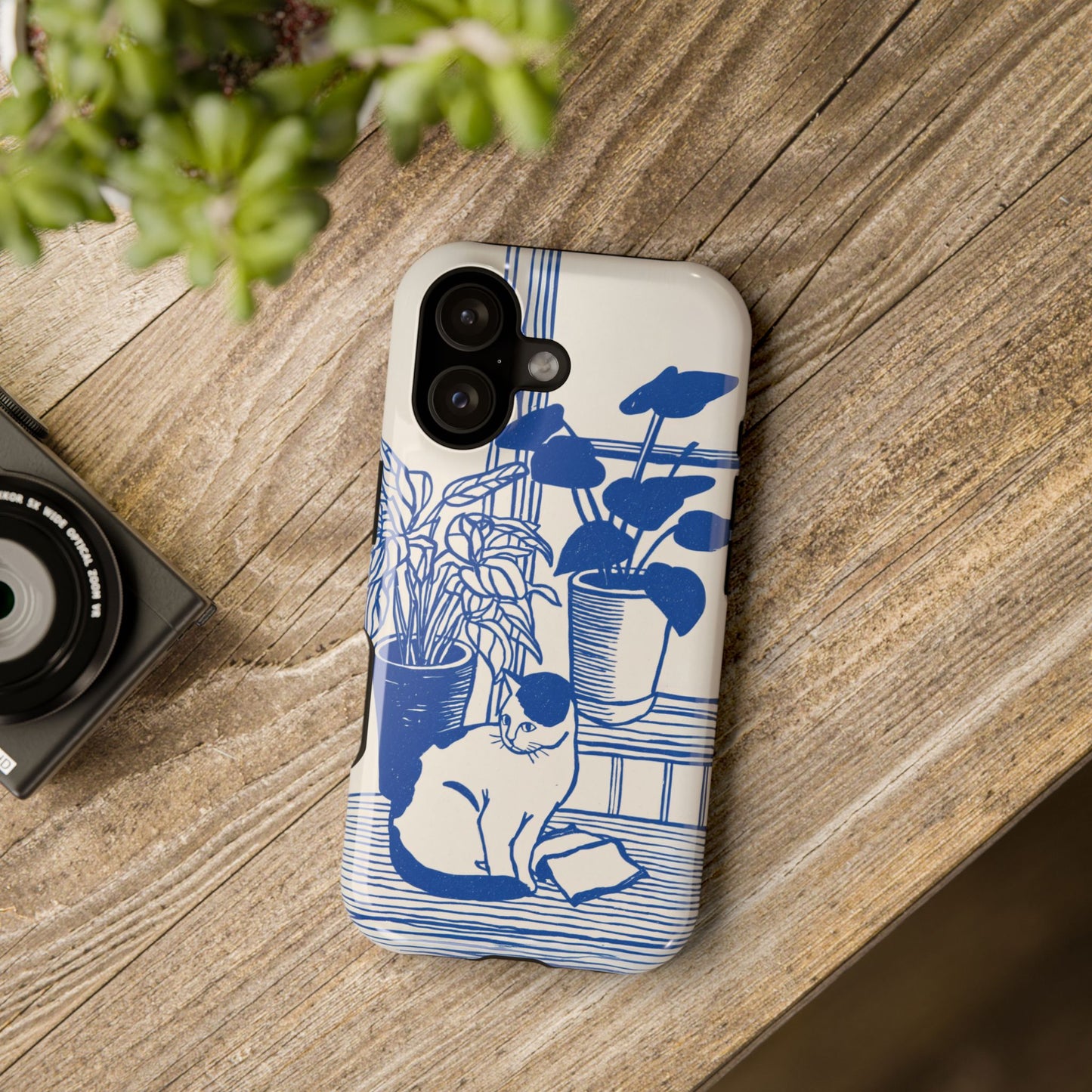 The Sunroom Cat – Blue & White Linocut Design iPhone Case