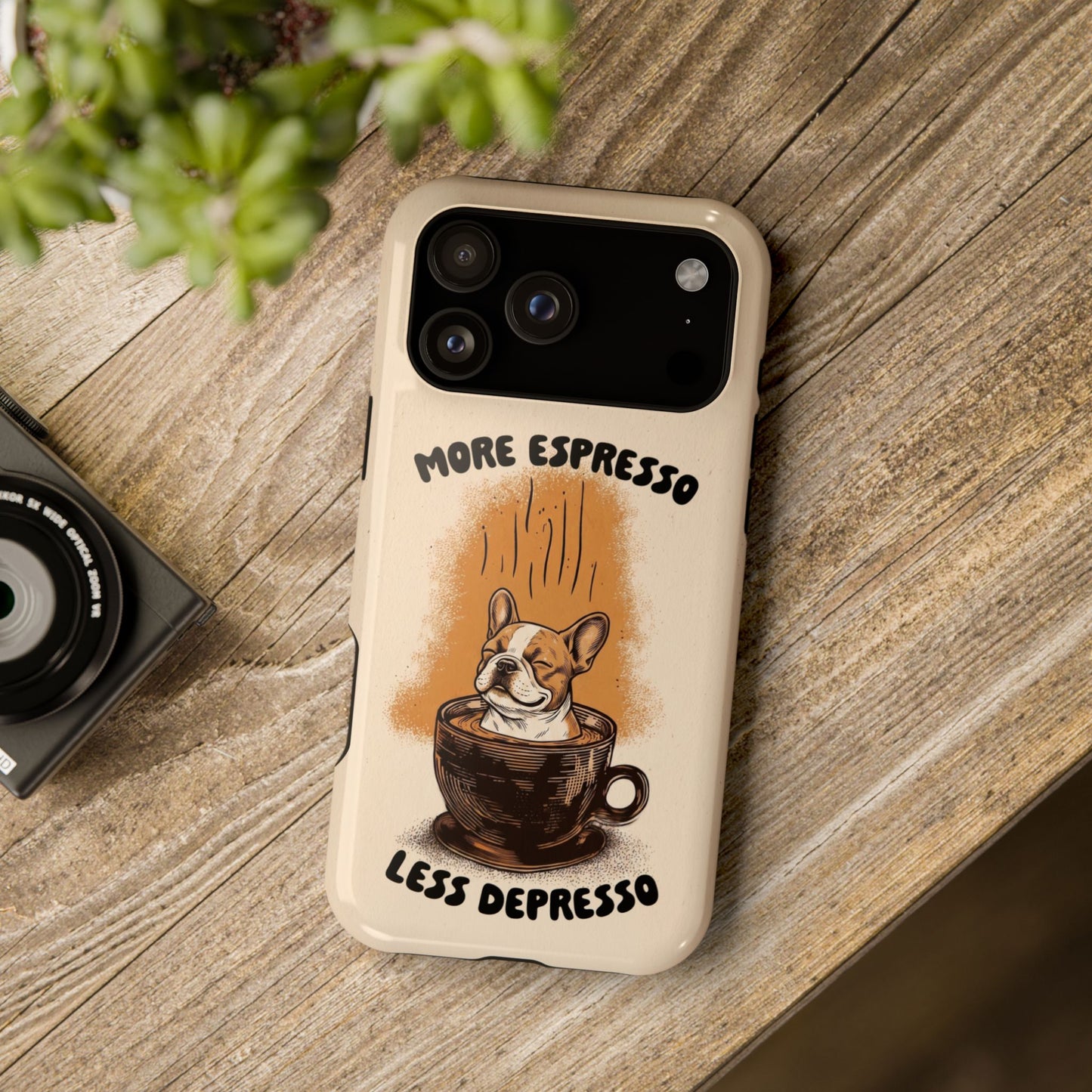 More Espresso, Less Depresso – Frenchie Coffee Design iPhone Case