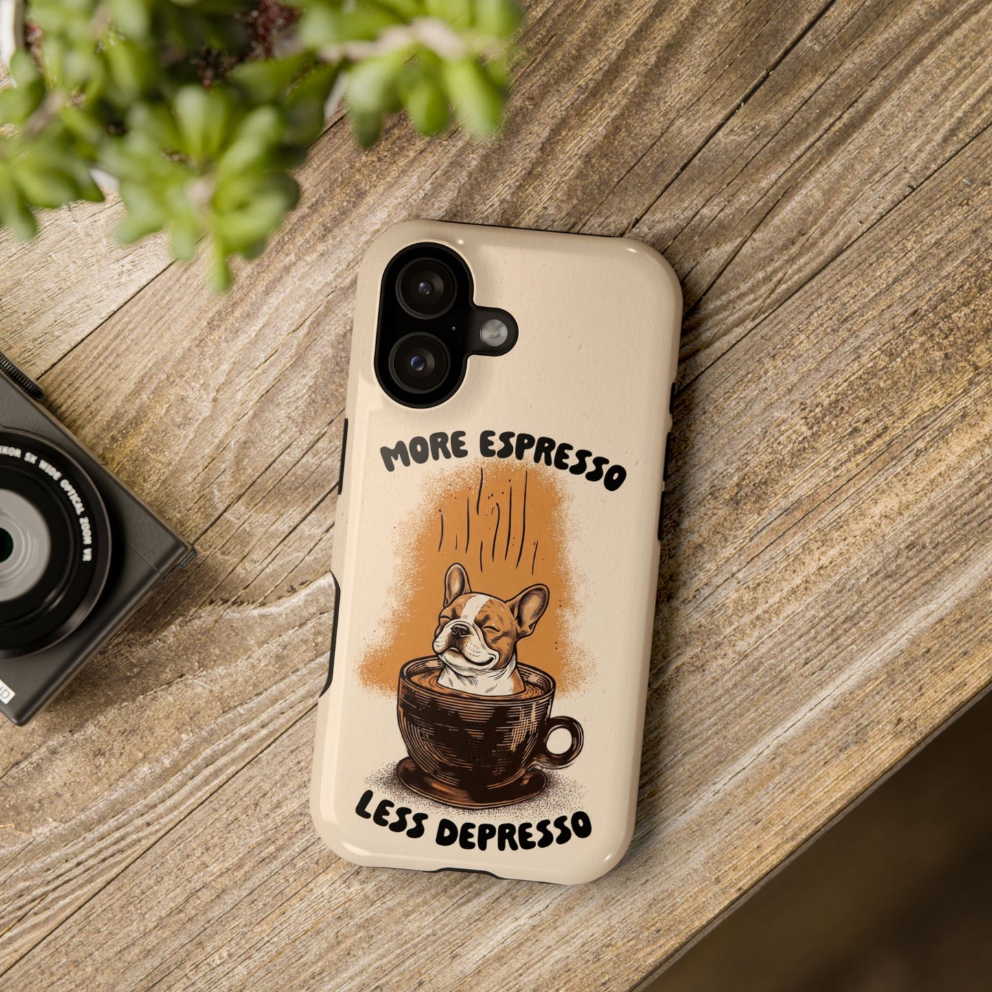 More Espresso, Less Depresso – Frenchie Coffee Design iPhone Case