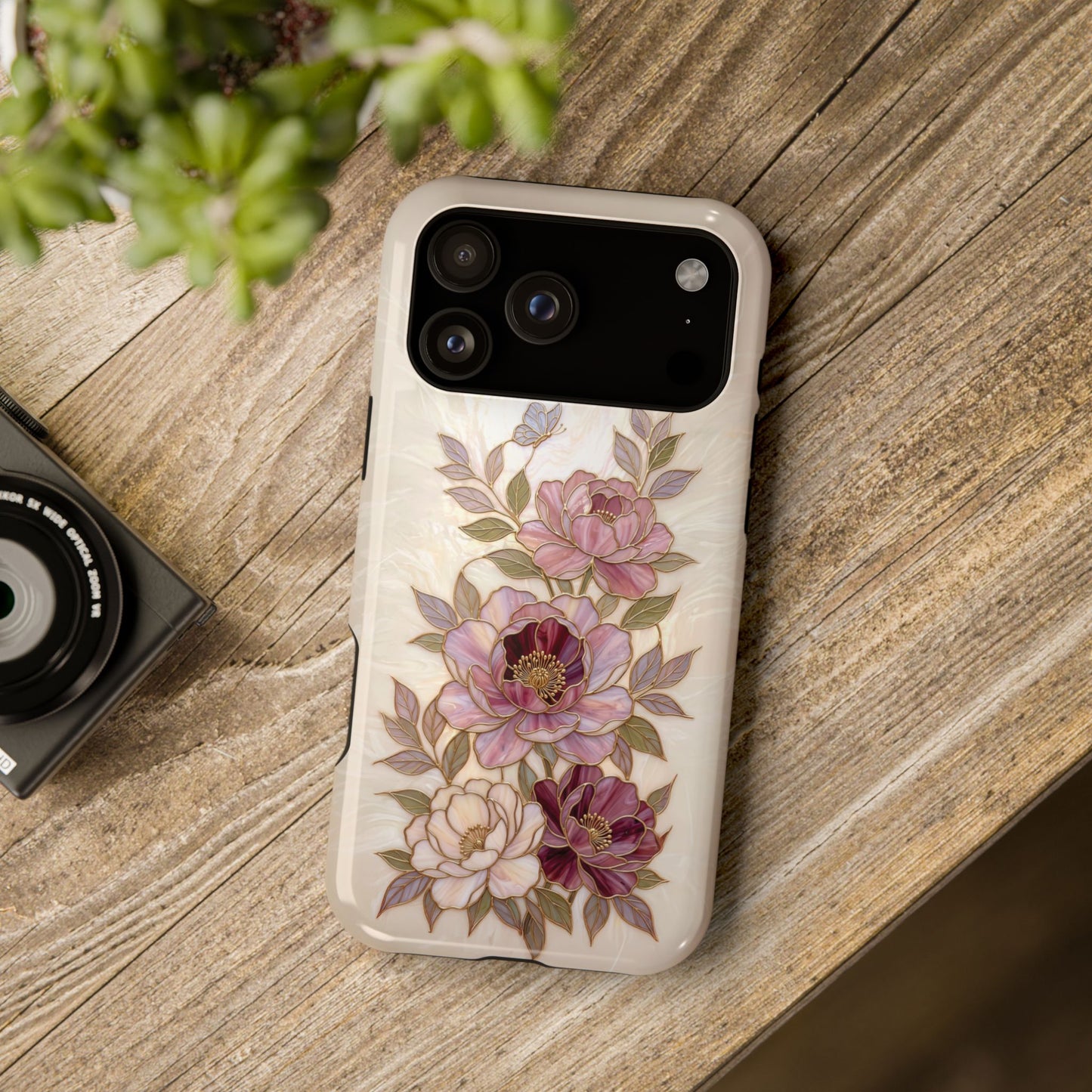 The Cloisonné Peony – Faux Stained Glass & Pearl Design iPhone Case