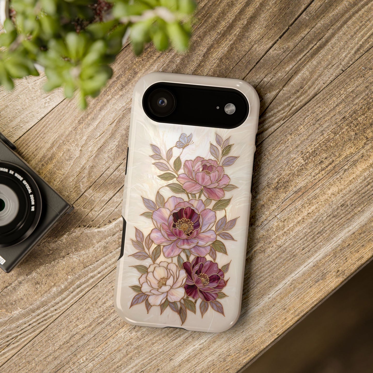 The Cloisonné Peony – Faux Stained Glass & Pearl Design iPhone Case