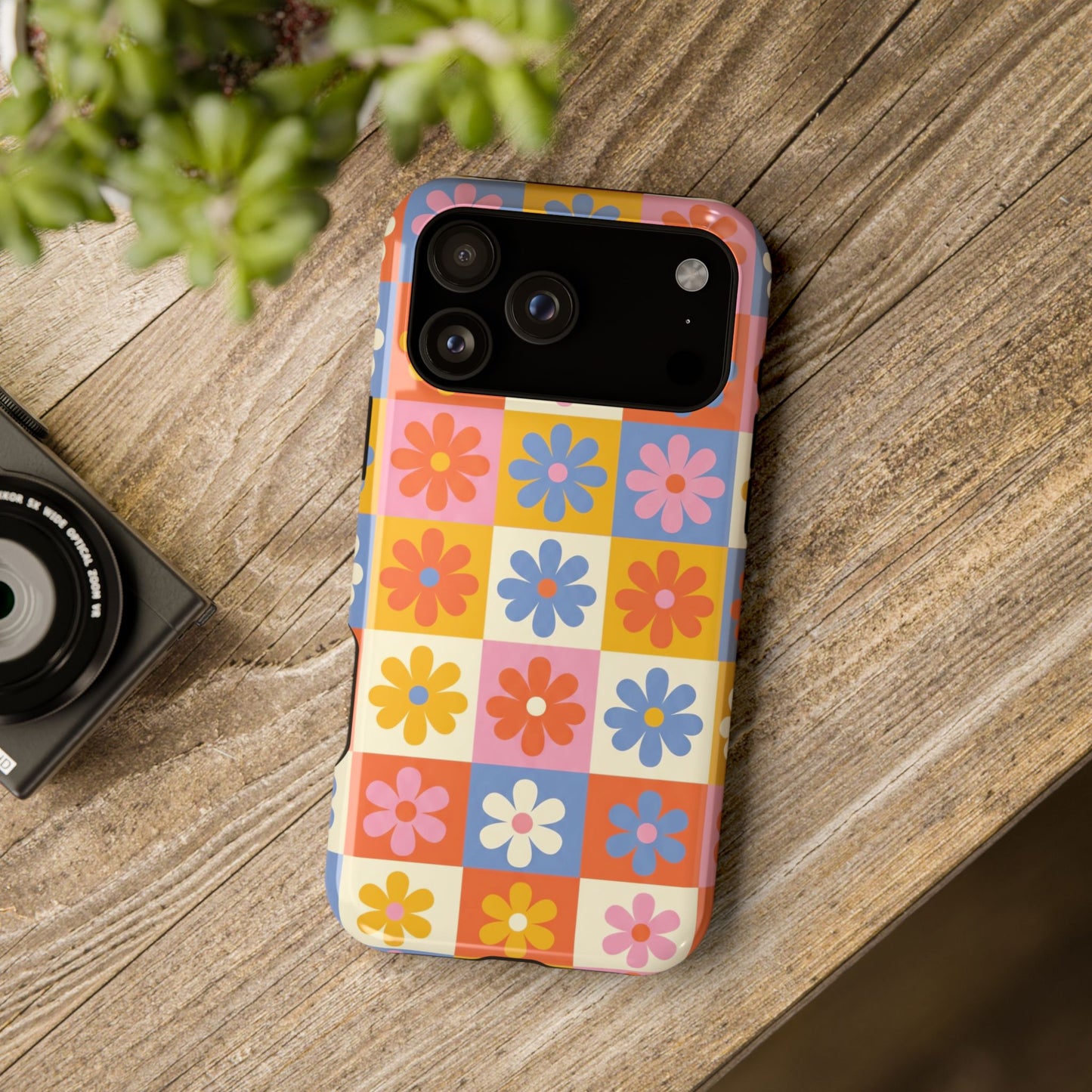 The Groovy Garden – Retro Floral Checkerboard Design iPhone Case