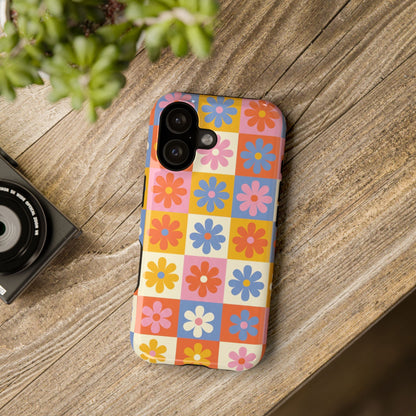 The Groovy Garden – Retro Floral Checkerboard Design iPhone Case