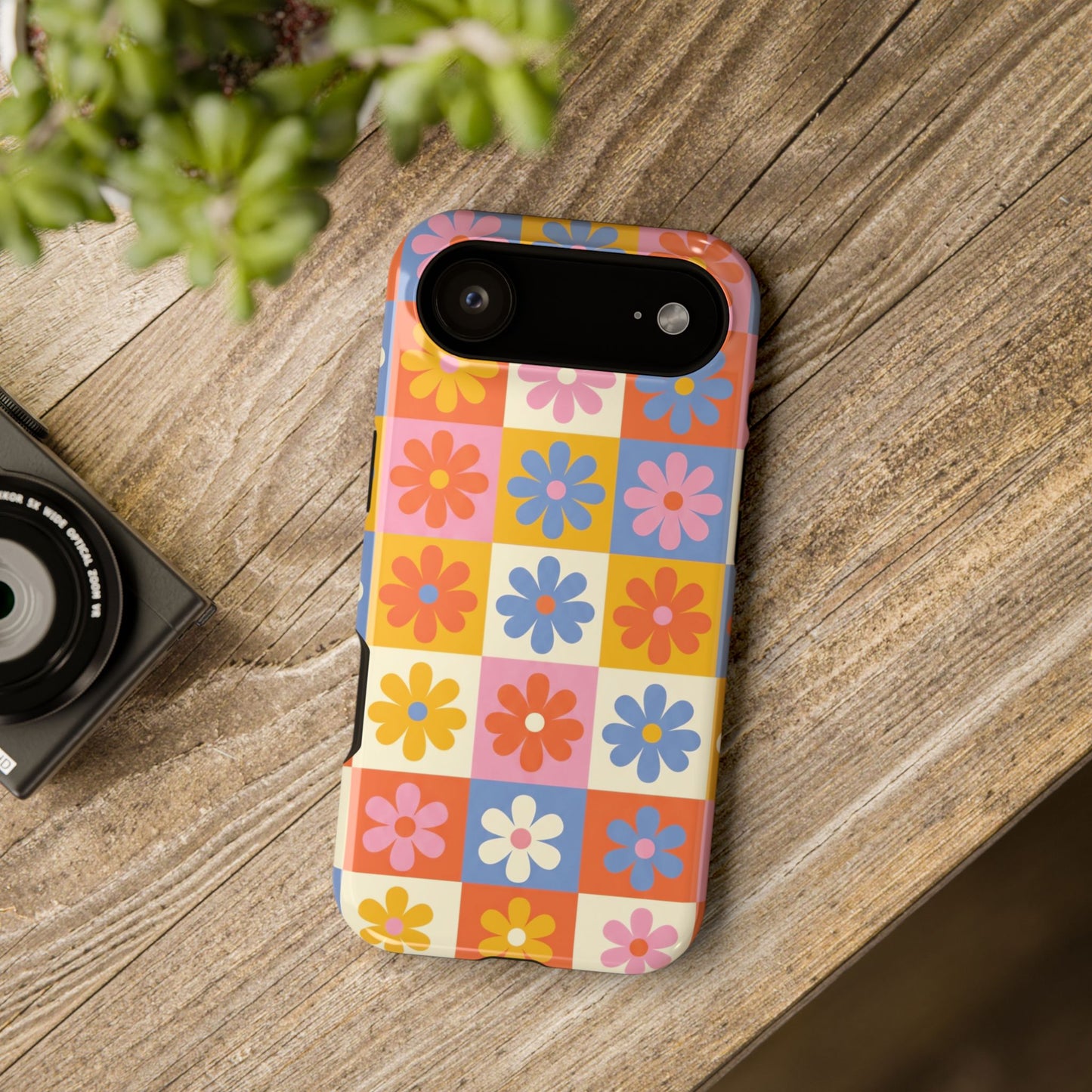 The Groovy Garden – Retro Floral Checkerboard Design iPhone Case