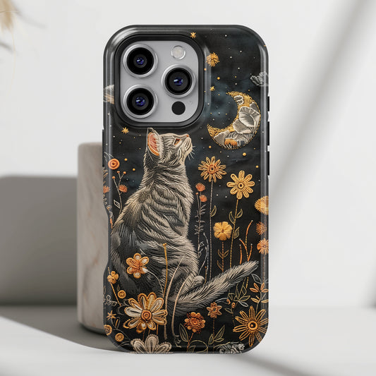 Cottagecore Cat & Flower Embroidery Art Design iPhone Case