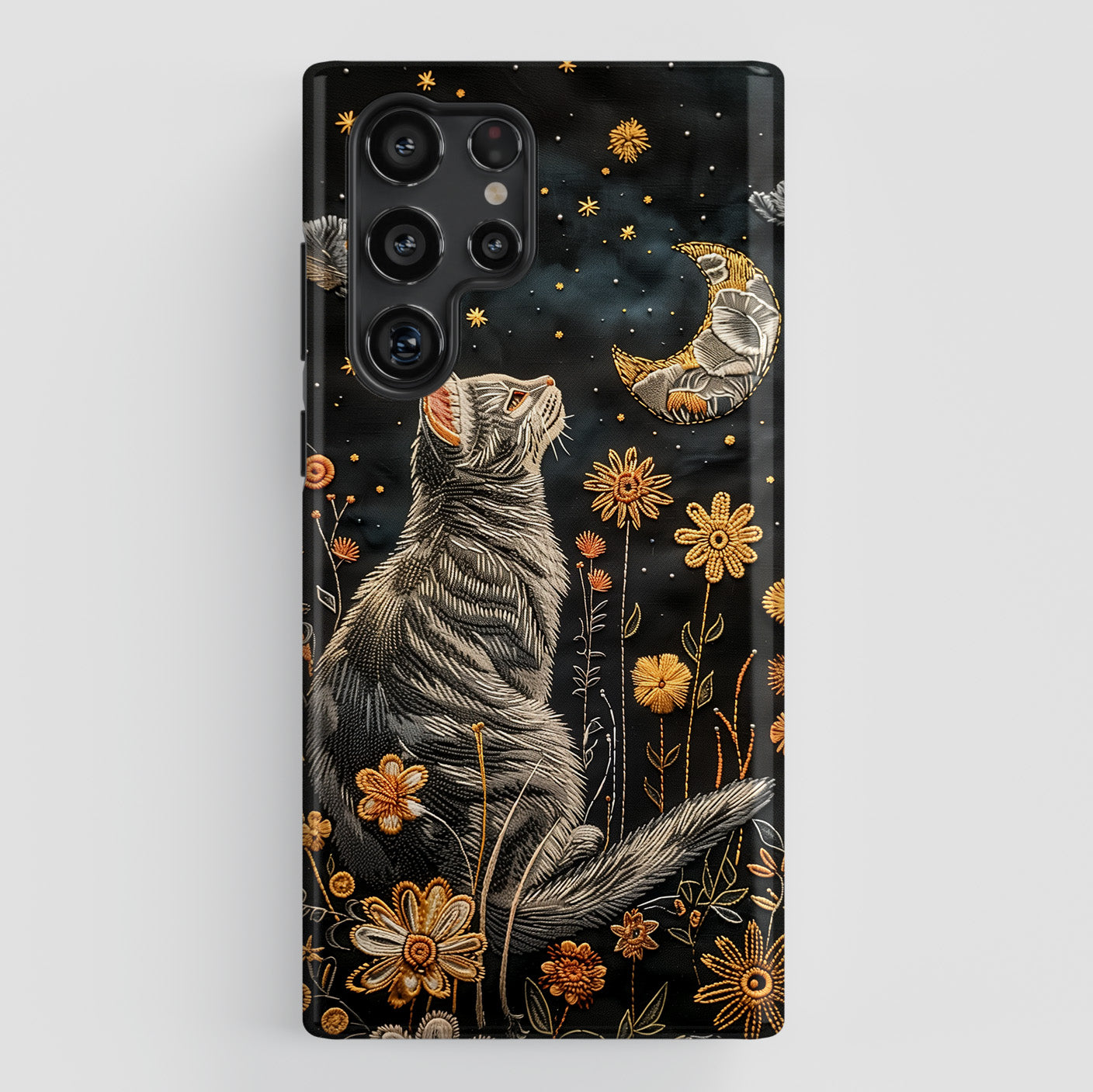 Cottagecore Cat & Flower Embroidery Art Design Case for Galaxy S series Phones