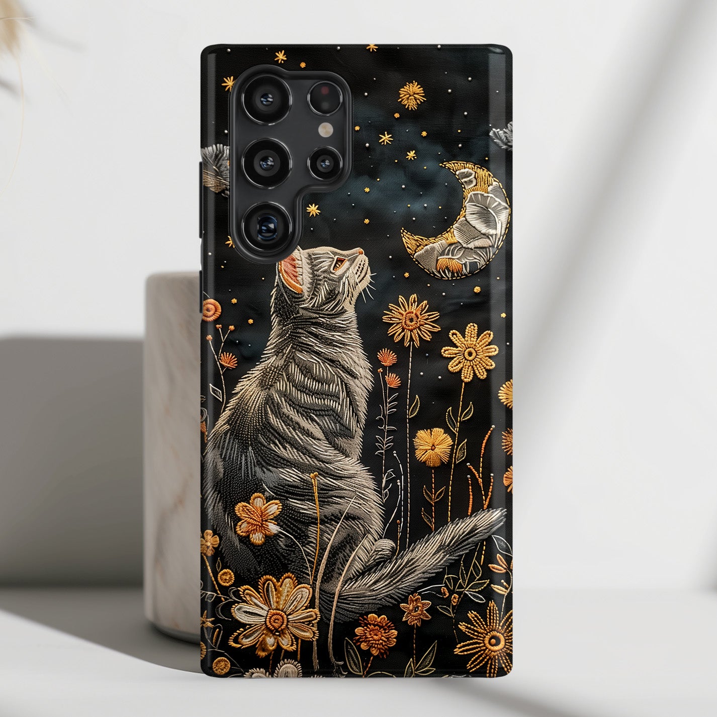 Cottagecore Cat & Flower Embroidery Art Design Case for Galaxy S series Phones