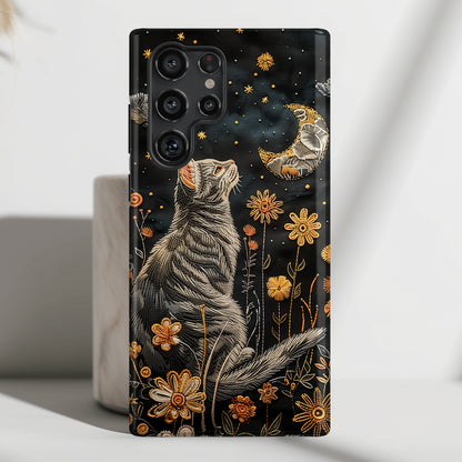 Cottagecore Cat & Flower Embroidery Art Design Case for Galaxy S series Phones