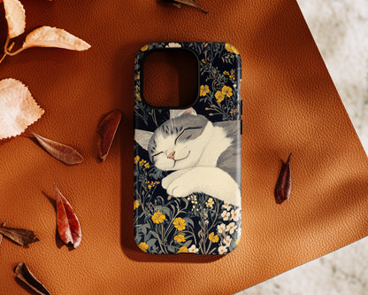 Cute Sleeping Cat Japanese Woodblock Print Style Design iPhone Case