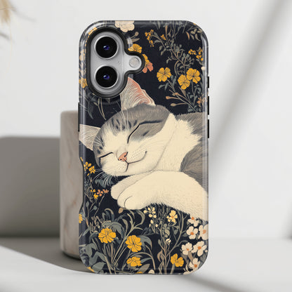 Cute Sleeping Cat Japanese Woodblock Print Style Design iPhone Case