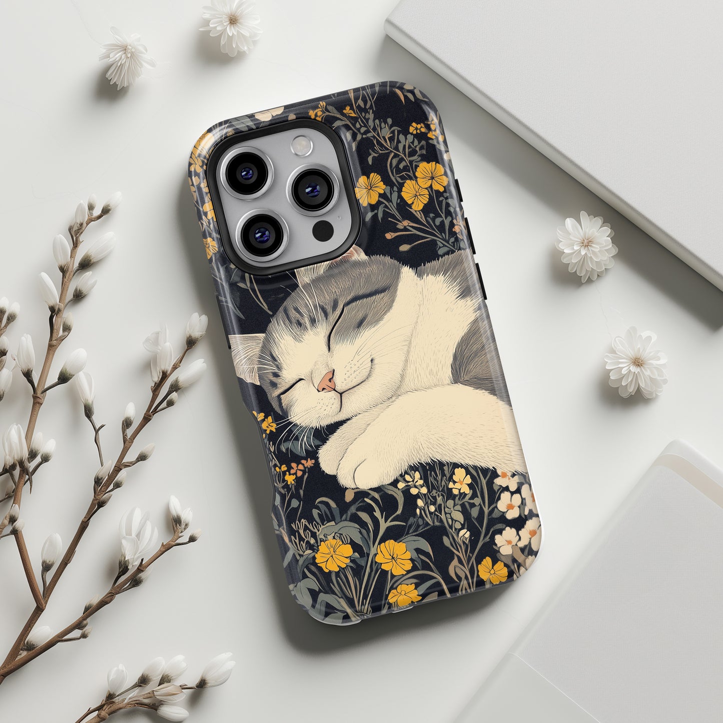 Cute Sleeping Cat Japanese Woodblock Print Style Design iPhone Case