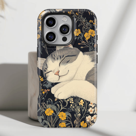 Cute Sleeping Cat Japanese Woodblock Print Style Design iPhone Case