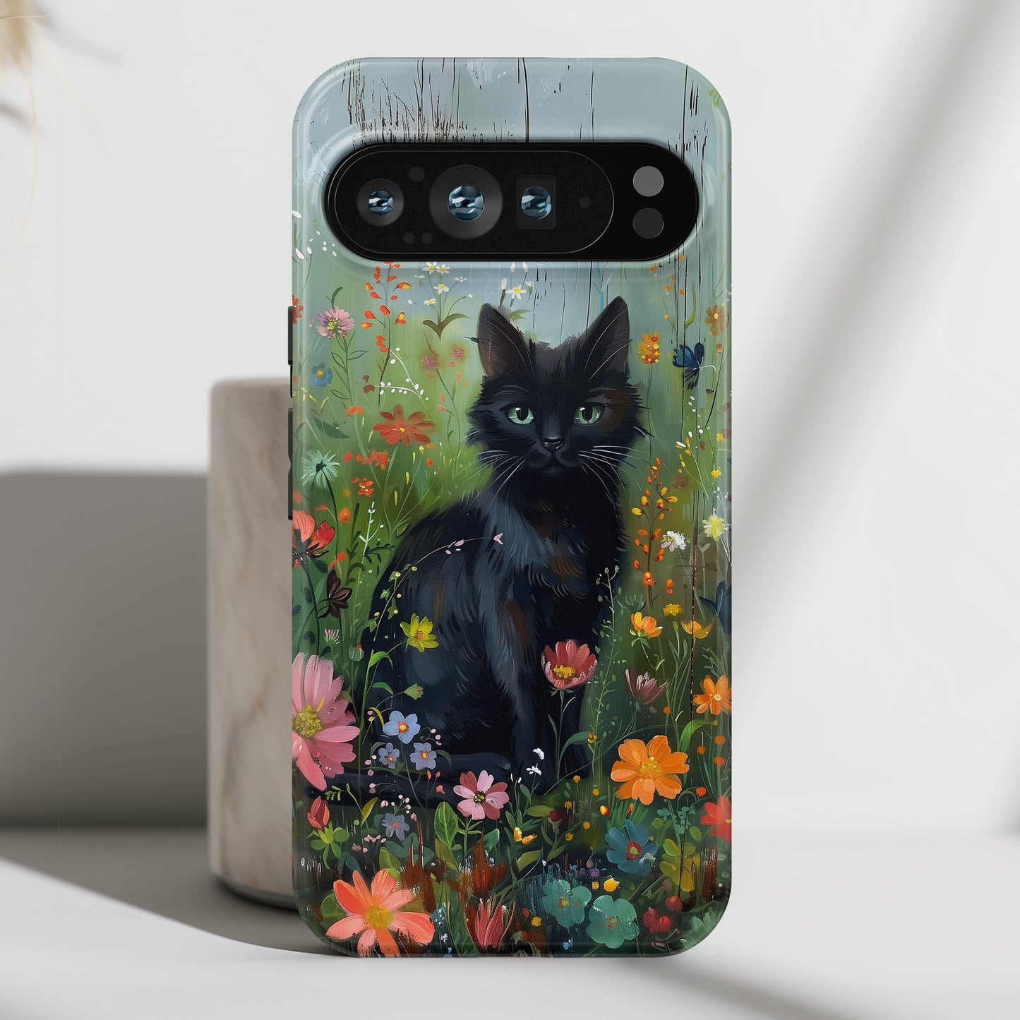 Cute Black Kitten in Flowery Garden Design Google Pixel Phone Case
