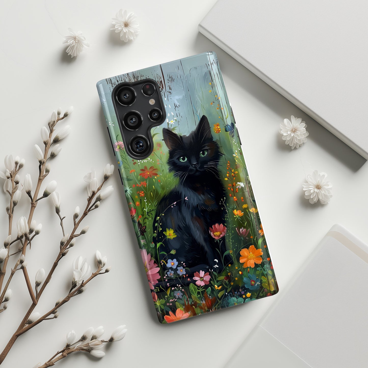 Cute Black Kitten in Flowery Garden Design Case for Galaxy S series Phones