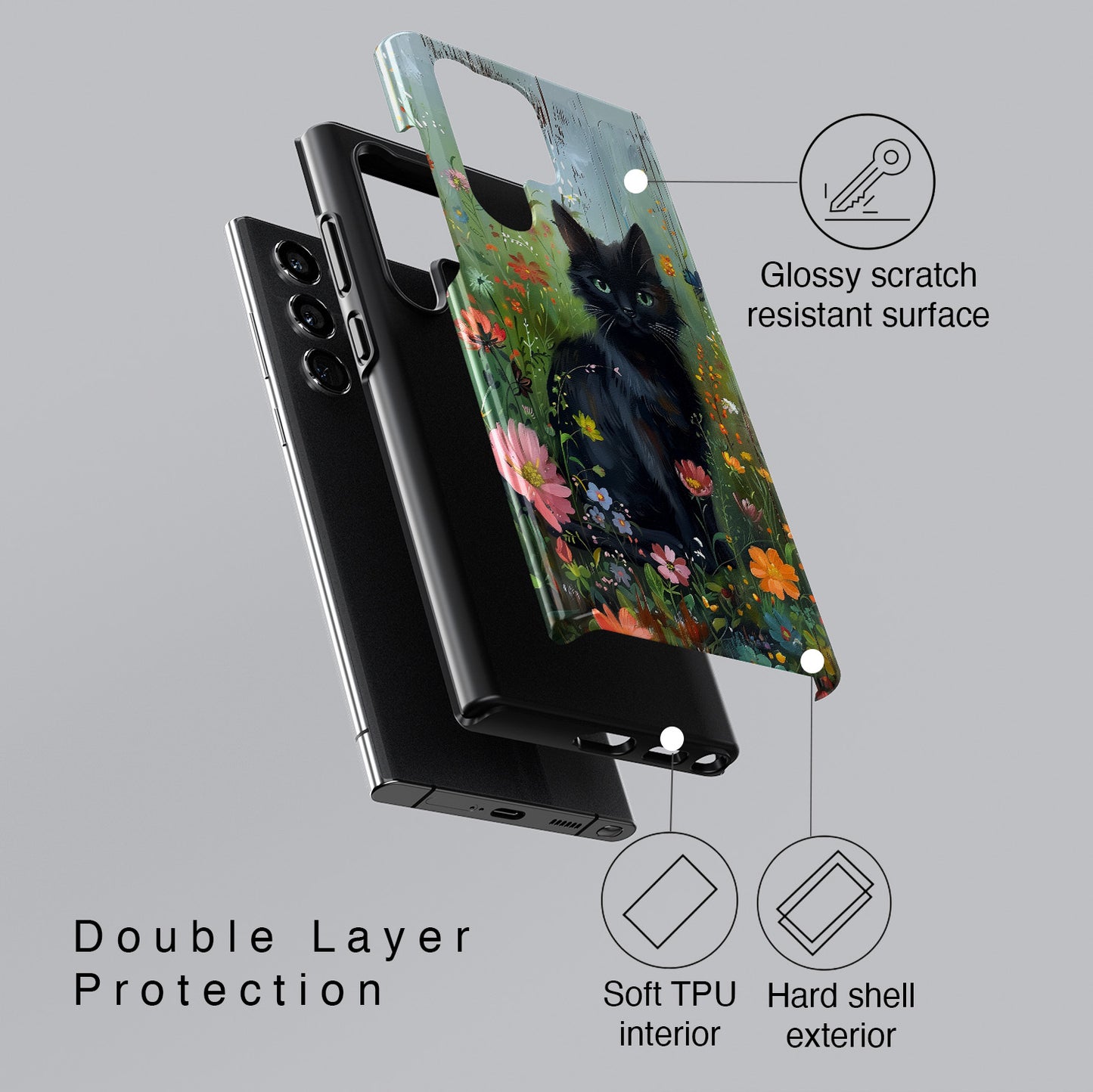 Cute Black Kitten in Flowery Garden Design Case for Galaxy S series Phones