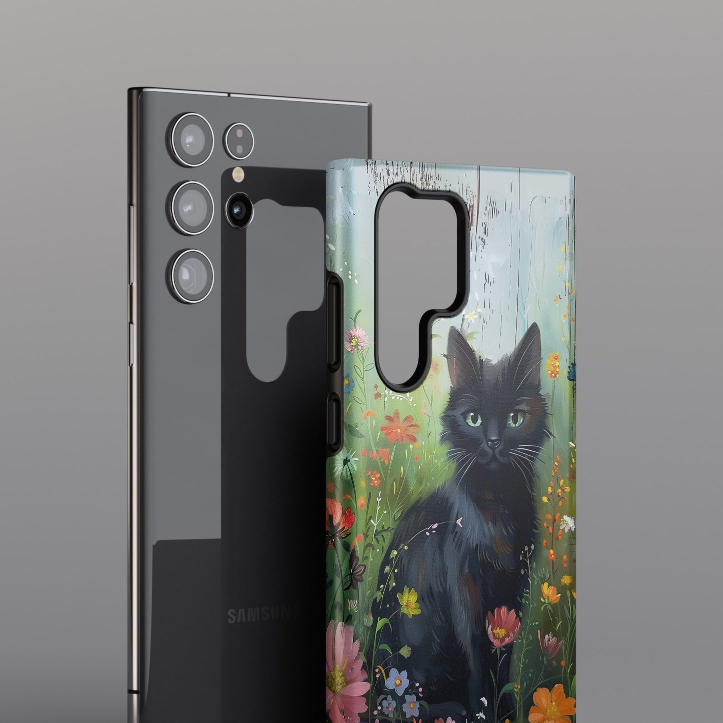 Cute Black Kitten in Flowery Garden Design Case for Galaxy S series Phones