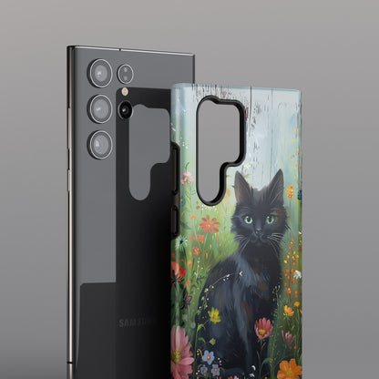 Cute Black Kitten in Flowery Garden Design Case for Galaxy S series Phones