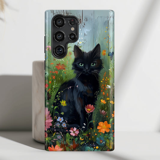 Cute Black Kitten in Flowery Garden Design Case for Galaxy S series Phones