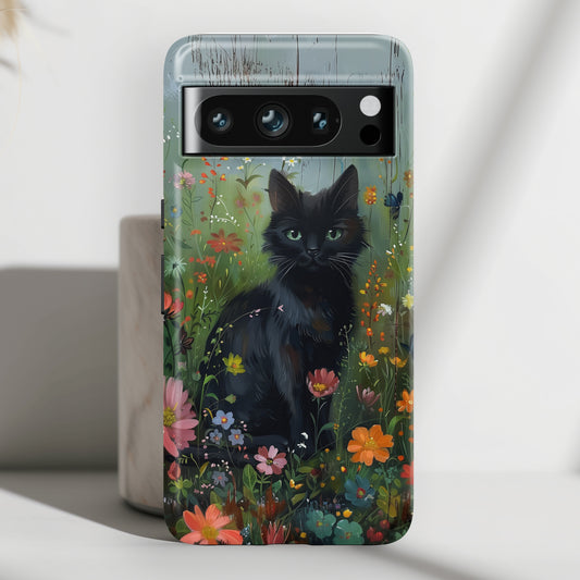 Cute Black Kitten in Flowery Garden Design Google Pixel Phone Case