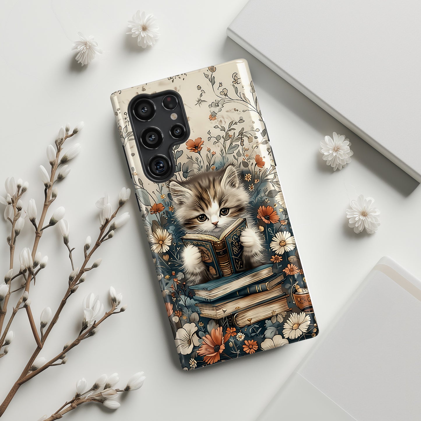 Cute Book Reading Cat Design Case for Galaxy S series Phones