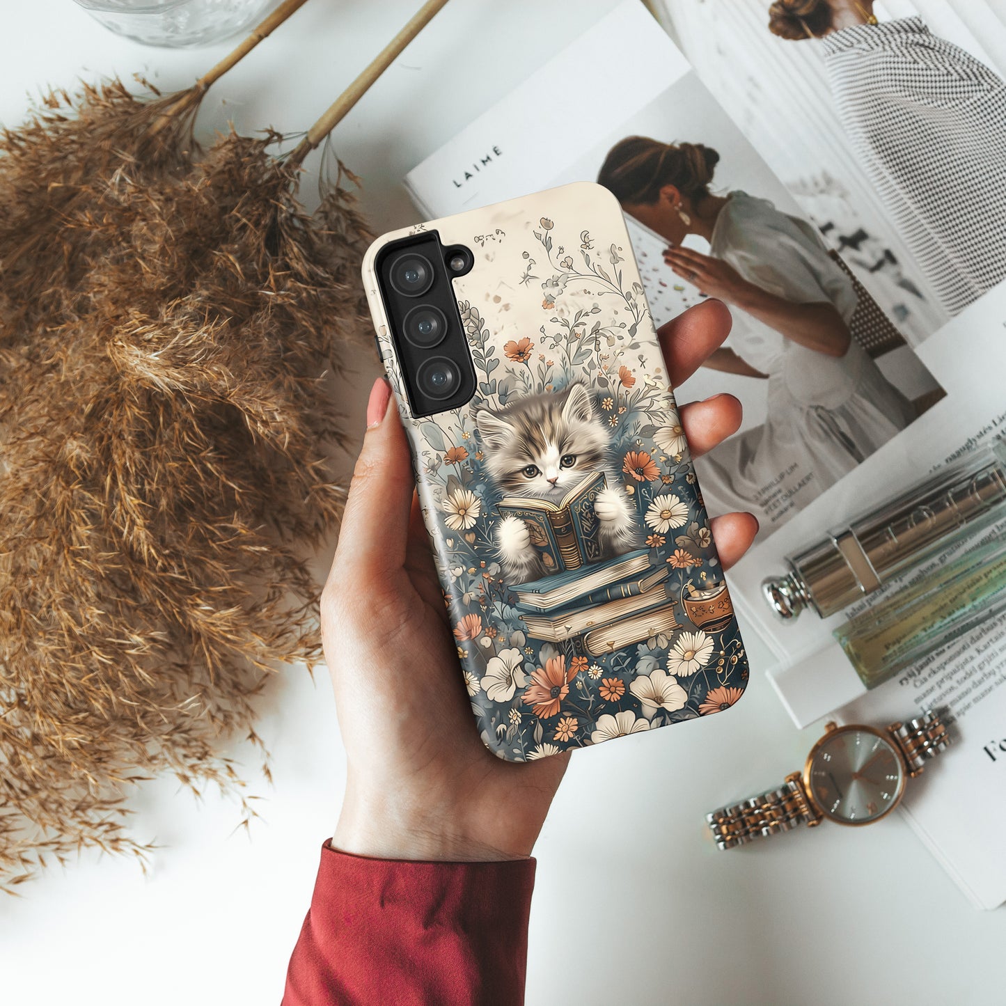 Cute Book Reading Cat Design Case for Galaxy S series Phones