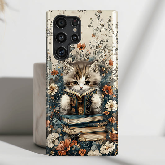 Cute Book Reading Cat Design Case for Galaxy S series Phones