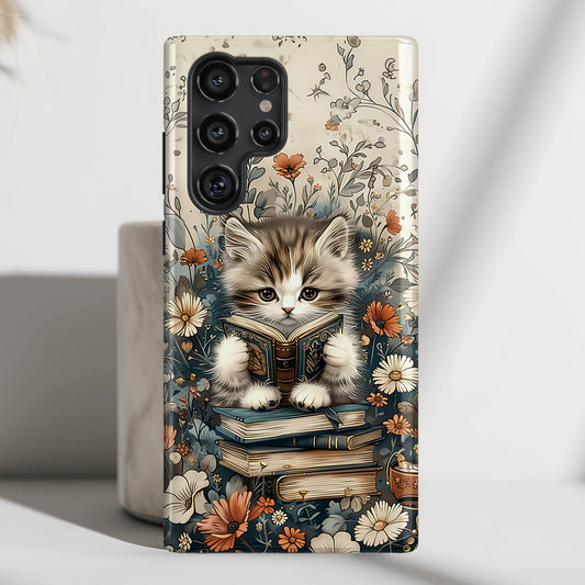 Cute Book Reading Cat Design Case for Galaxy S series Phones