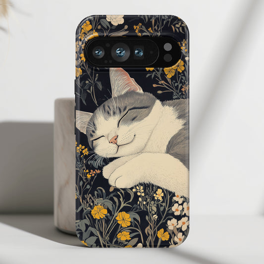 Cute Sleeping Cat Japanese Woodblock Print Style Design Phone Case for Google Pixel