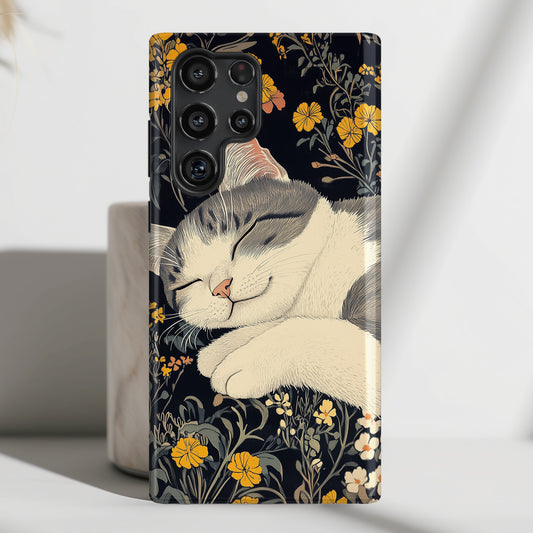 Cute Sleeping Cat Japanese Woodblock Print Style Design Case for Galaxy S series Phones